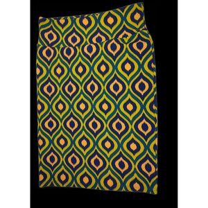 Lularoe Cassie Pencil Skirt Geometric Print Size Medium Stretch Yellow, Blue
